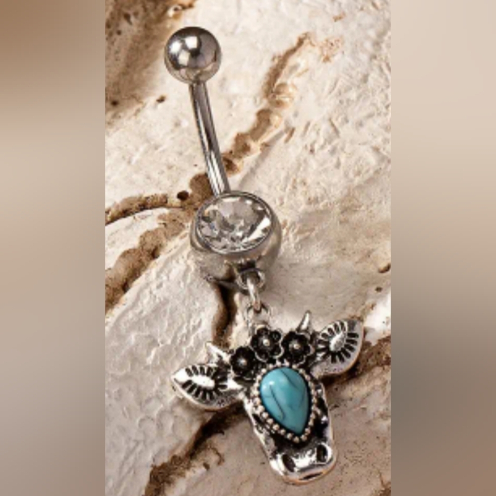 NEW Farmhouse Western Silver Turquoise‎ Animal Cow Pendant Belly Ring (#042)